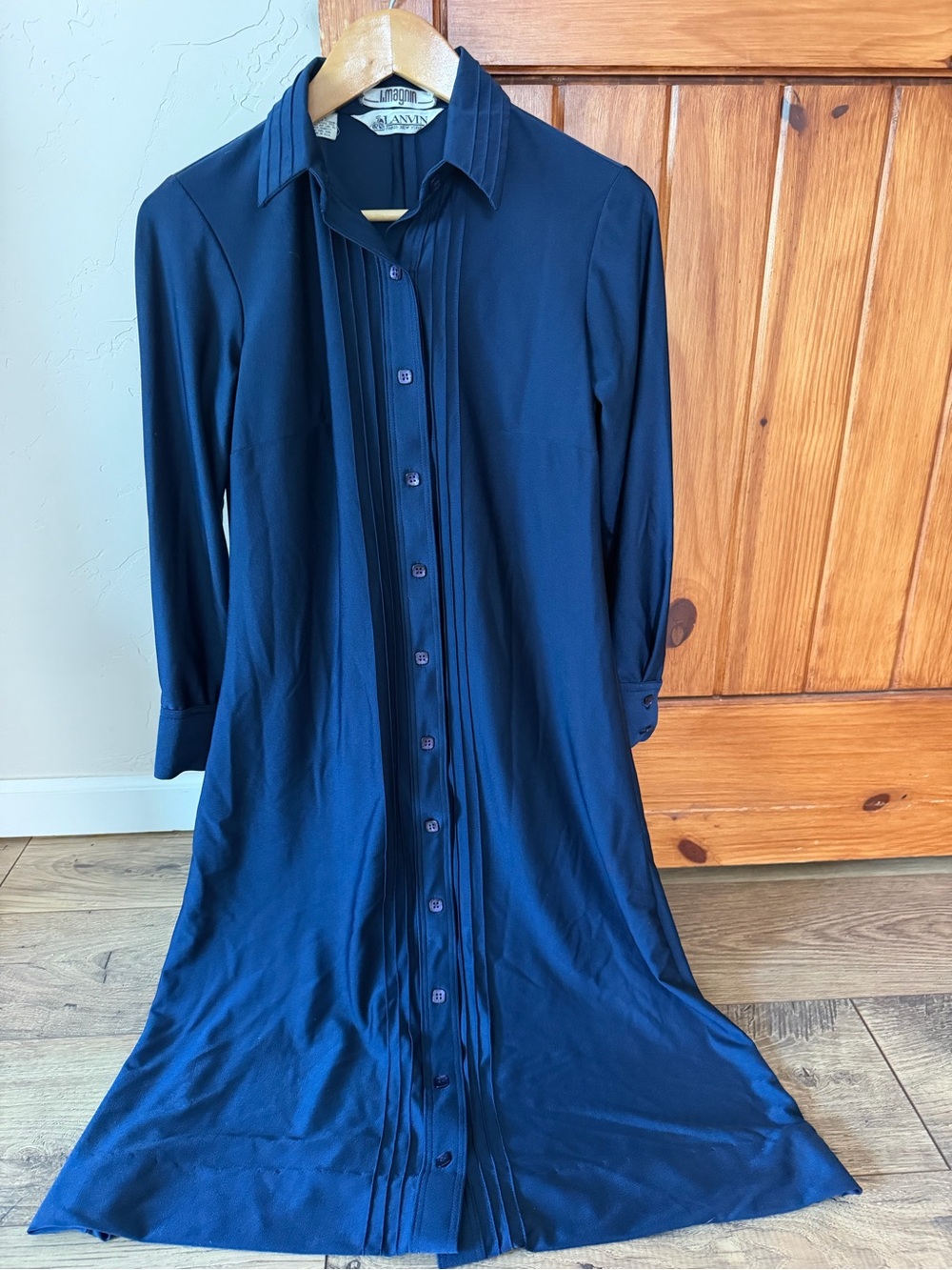 Vintage Lanvin Paris New York I. Magnin Blue Pleated Shirt Dress 10 USA made